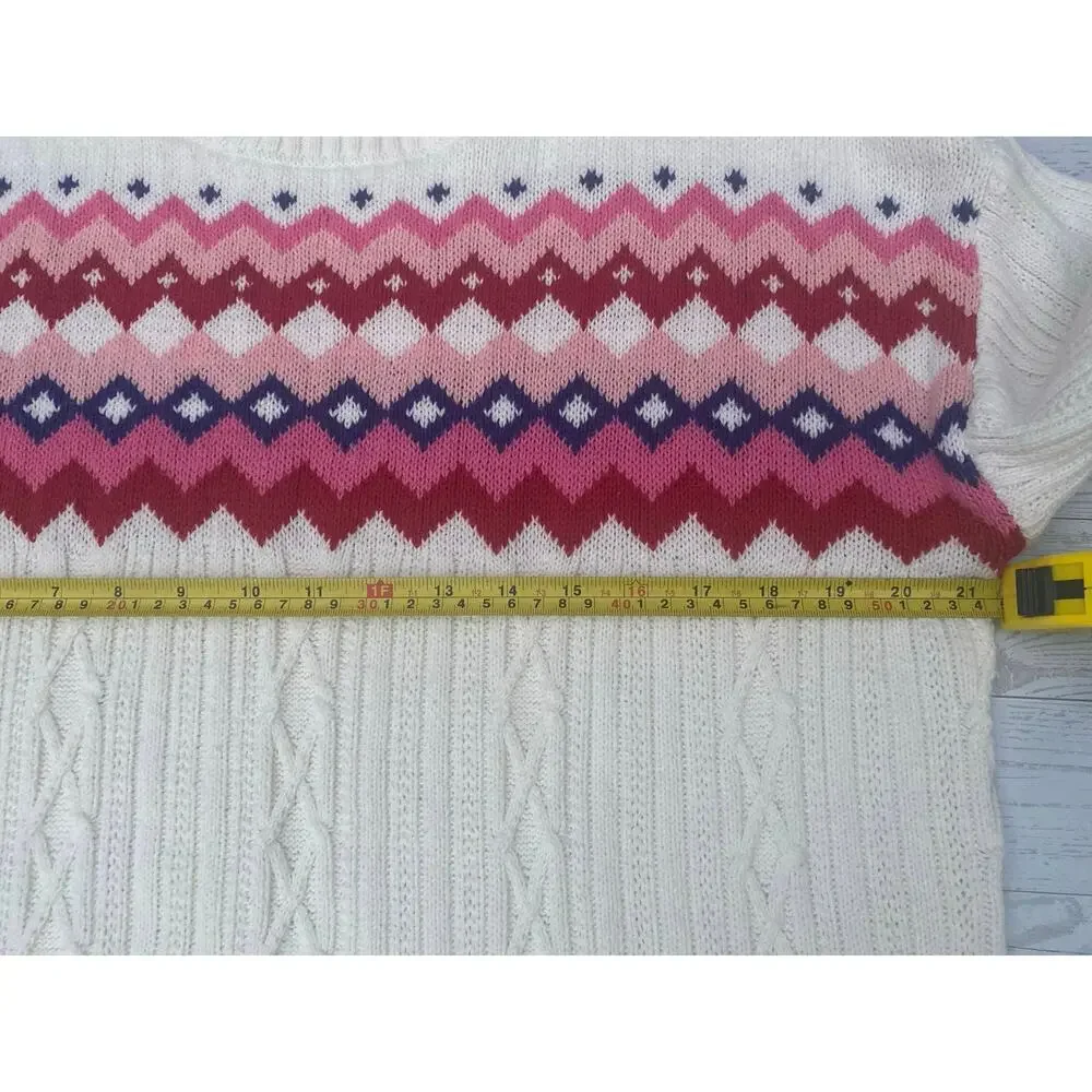 Chaps Women’s Fair Isle Sweater Large Cream Pink Red Cable Knit Nordic Winter - Picture 5 of 7